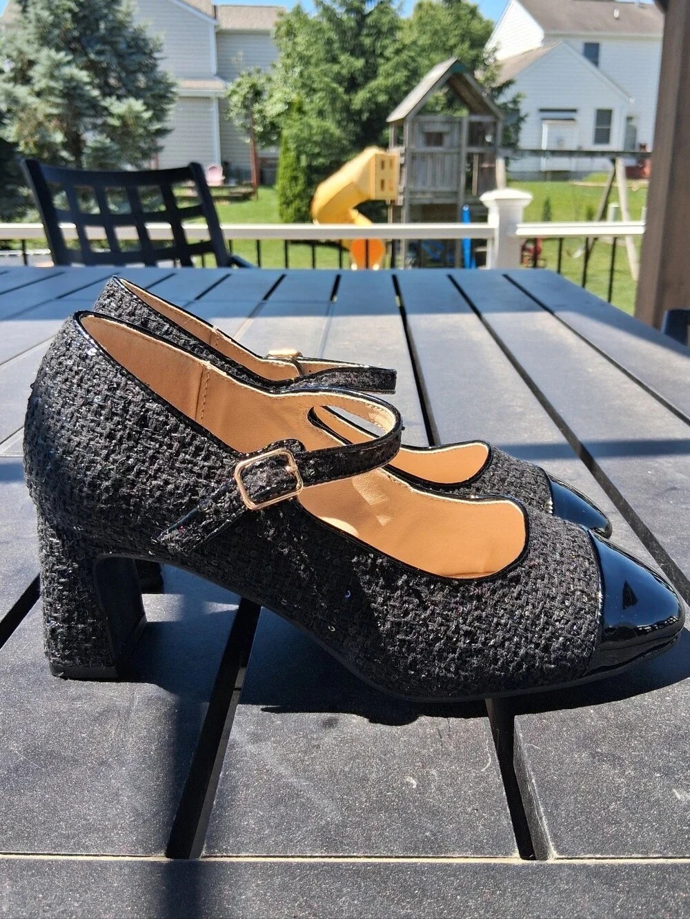 Black Mary Jane Heels with Patent Cap Toe - Picture 2 of 10